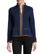 Faux-leather Trim Zip-front Jacket, Navy