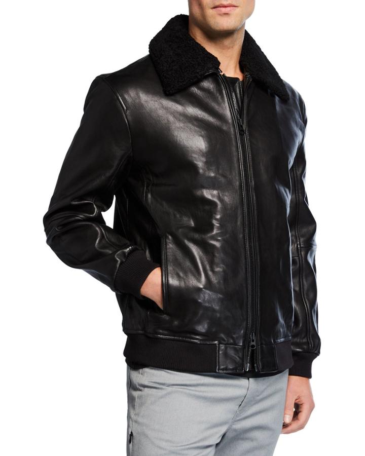 Men's Leather Sherpa-collar Jacket