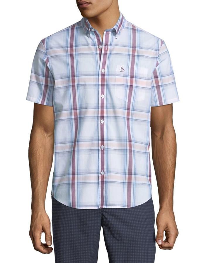 Men's Short-sleeve Button-front Plaid Cotton