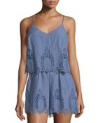 Layered Lace Sleeveless Short Jumpsuit, Blue