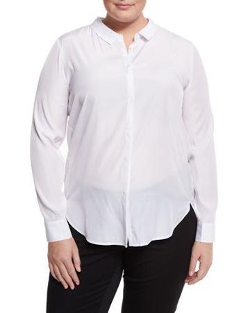 Long-sleeve Placket-front Blouse, White,