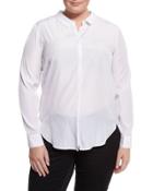 Long-sleeve Placket-front Blouse, White,