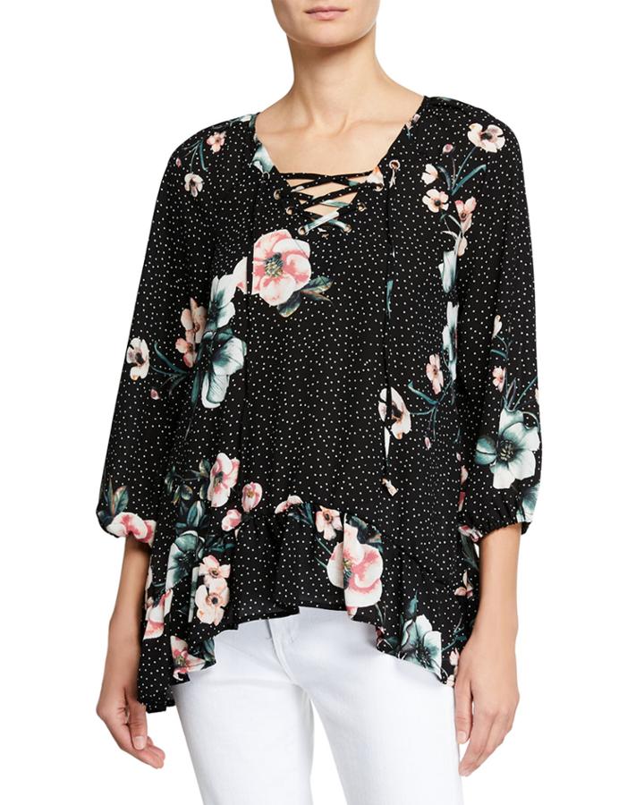 Lace-up 3/4-sleeve Dotted Top