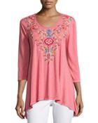 3/4-sleeve Embroidered Trapeze Tee, Coral