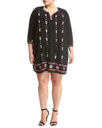 3/4-sleeve Embroidered Boho Dress, Black,