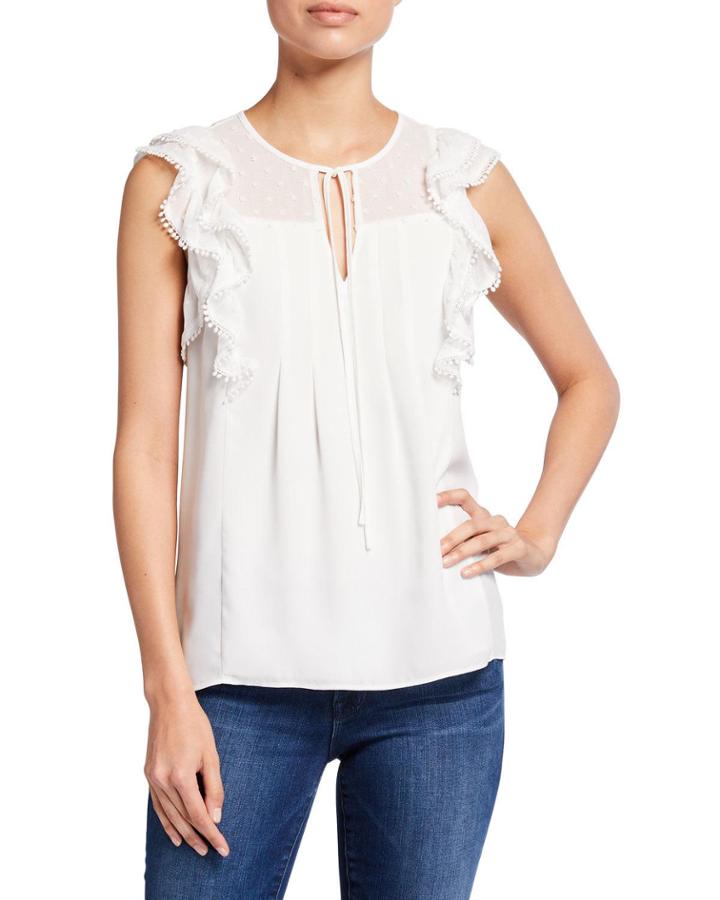 Flounce-ruffle Sleeveless Pompom Top