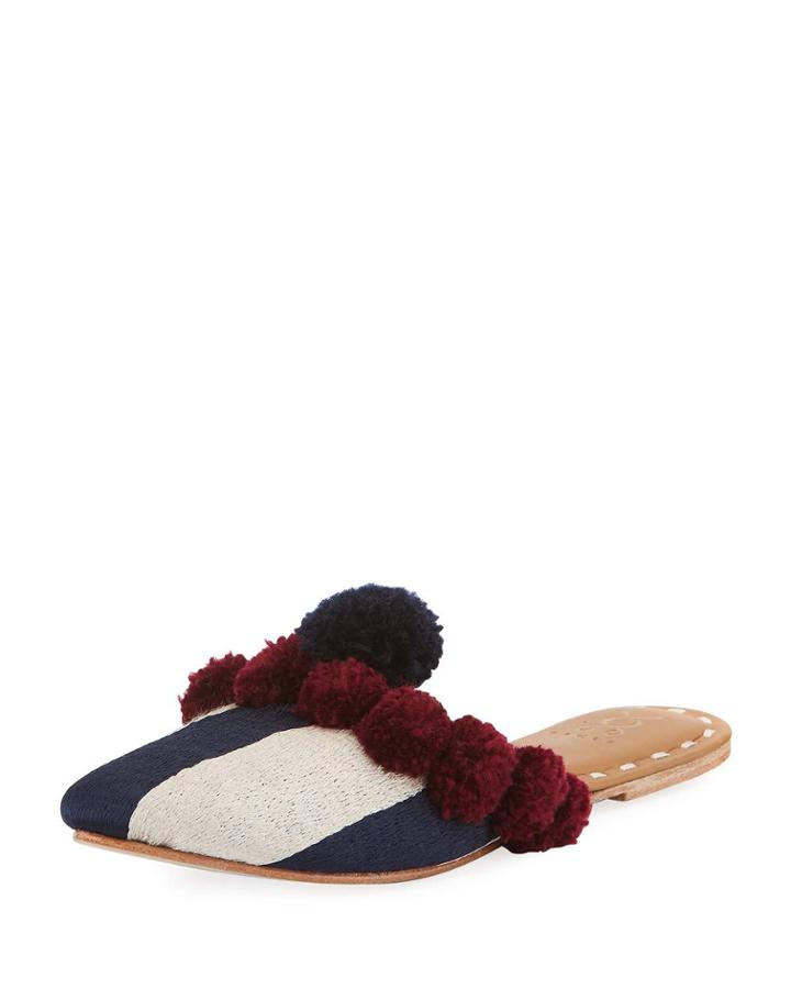 Striped Pompom Flat Mule Slide, Dark Blue