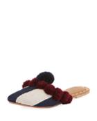 Striped Pompom Flat Mule Slide, Dark Blue