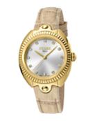 34mm Donna Torino Crystal Watch W/ Leather, Gold/white
