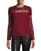 Long-sleeve Mesh-inset Lace Blouse, Burgundy