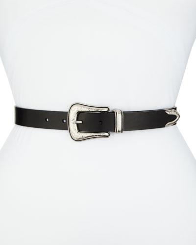 Flat Strap Leather Belt W/ Etched Detail, Black