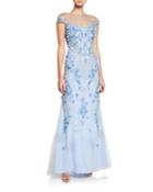 Beaded & Floral Embroidered Cap-sleeve A-line Gown