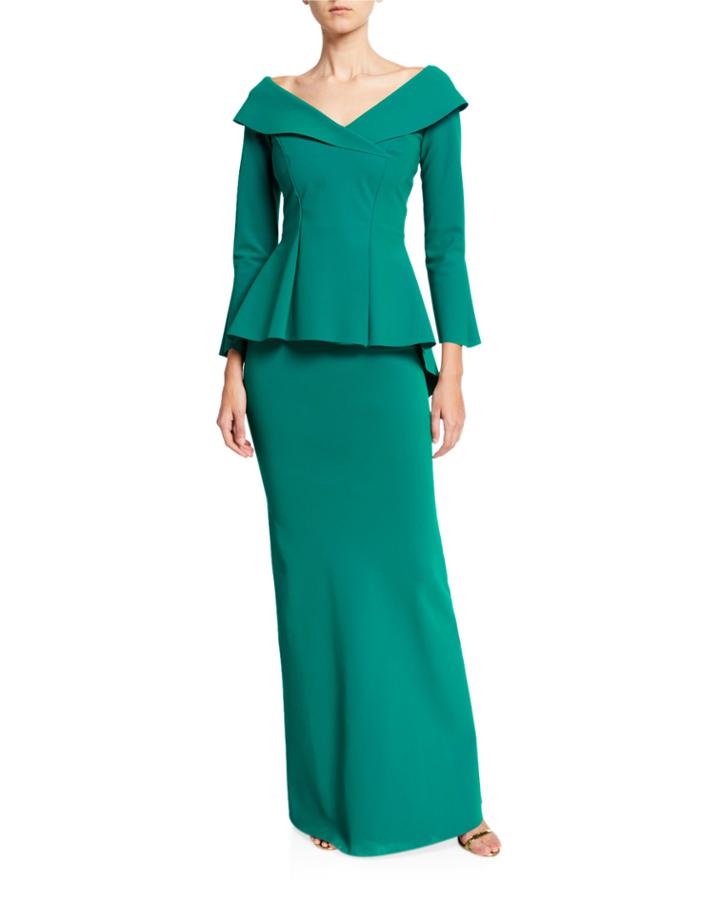 V-neck Bracelet-sleeve Peplum Gown