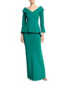 V-neck Bracelet-sleeve Peplum Gown