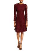 3/4-sleeve Floral Lace Flare Dress