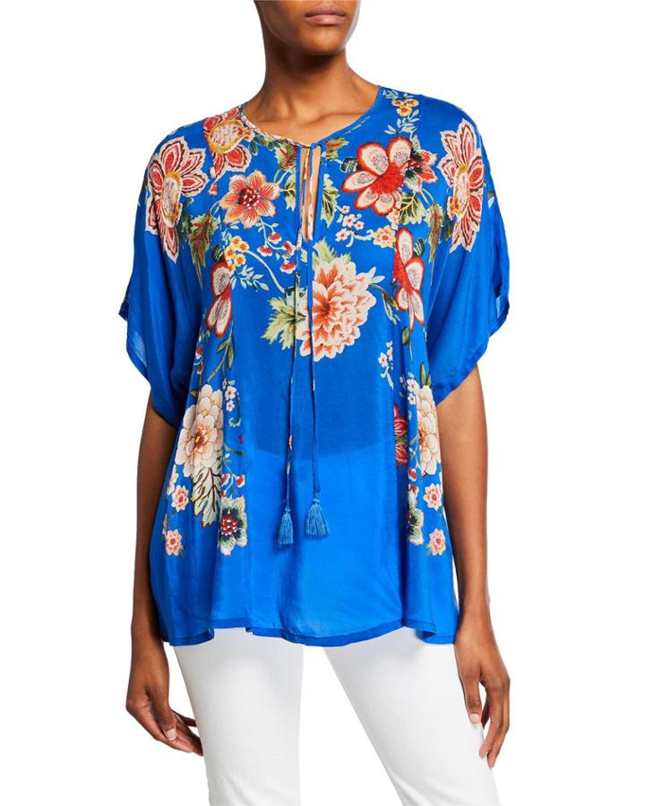 Plus Size Zadie Floral-print Split-neck Short-sleeve Georgette Top