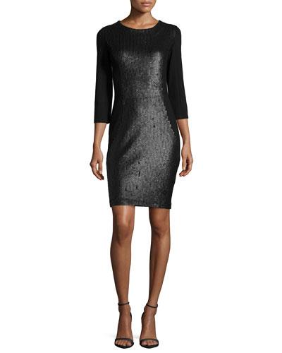 3/4-sleeve Embellished Dress, Black