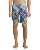 Universe Mixed-print Long Swim Trunks,