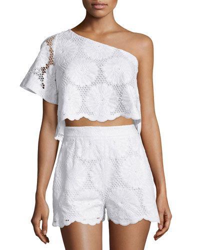One-shoulder Sunflower-lace Crop Top, White