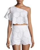 One-shoulder Sunflower-lace Crop Top, White