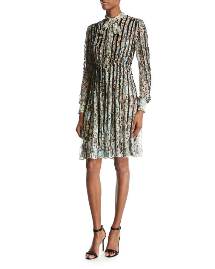 Flower-wave Tie-neck Dress, Blue/black