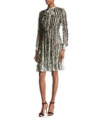 Flower-wave Tie-neck Dress, Blue/black