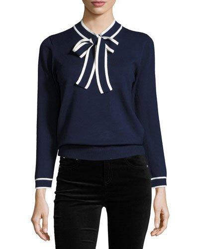 Self-tie Bow Long-sleeve Knit Top, Navy