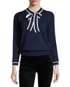 Self-tie Bow Long-sleeve Knit Top, Navy