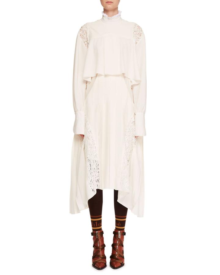 Mock-neck Long-sleeve Tiered Button-back Long Dress W/