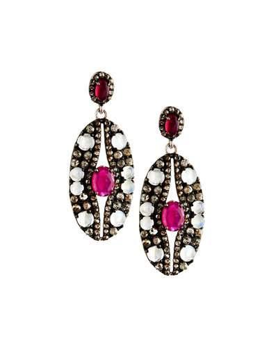 Moonstone, Diamond & Composite Ruby Oval Drop Earrings