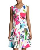 Sleeveless Floral-print Flared Scuba Dress, White Pattern