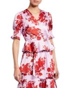 Floral-print Wrap Top W/ Ruffle-trim