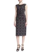 Sleeveless Ruched-front Floral-print Dress, Black