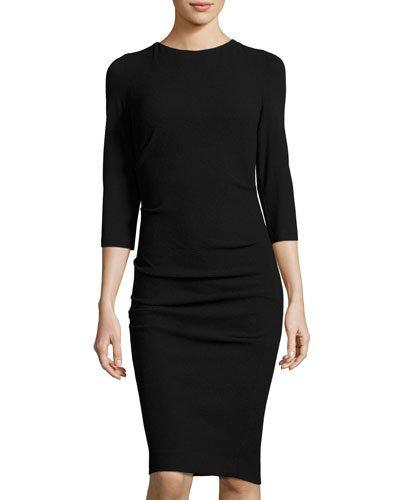3/4-sleeve Pebble Crepe Dress, Black