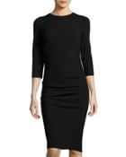 3/4-sleeve Pebble Crepe Dress, Black