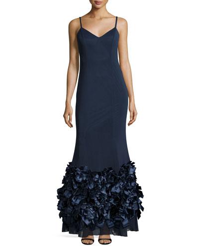 Sleeveless Column Gown W/ Ribbon Hem, Navy