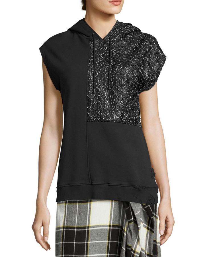 Bice Cap-sleeve Lace & French Terry Hooded Sweatshirt, Black