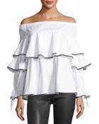 Off-the-shoulder Piped-ruffle Blouse