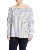 Striped Off-the-shoulder Rufle Blouse,