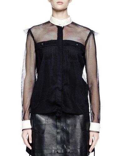 Long-sleeve Fishnet Button-front Blouse, Black