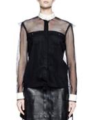 Long-sleeve Fishnet Button-front Blouse, Black