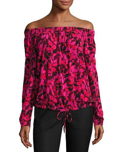 Off-the-shoulder Peasant Top, Red Pattern