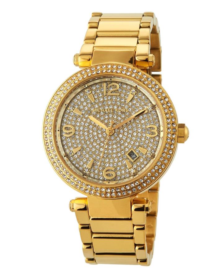 38mm Crystal Pave Bracelet Watch W/ Date, Yellow Golden