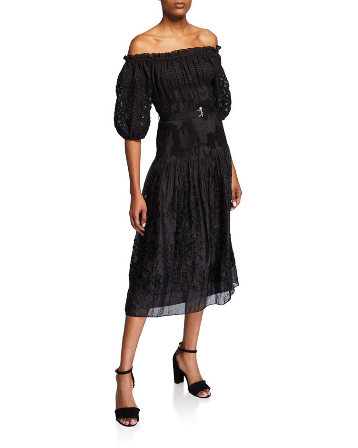 Off-the-shoulder Embroidered Smocked