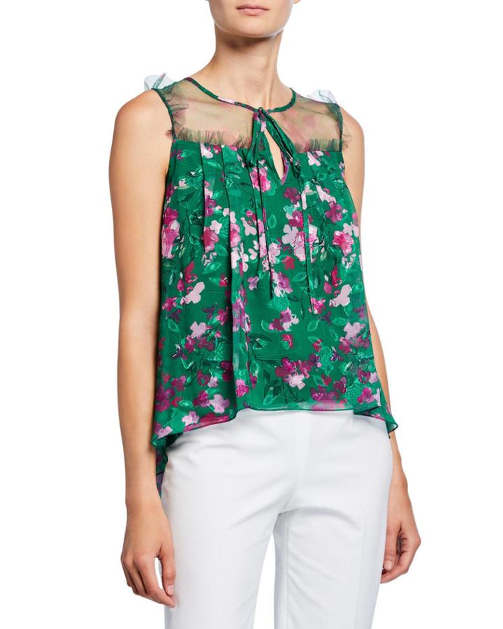 Floral Printed Burnout Chiffon Sleeveless Blouse With Front Tie