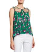 Floral Printed Burnout Chiffon Sleeveless Blouse With Front Tie
