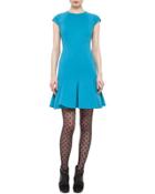 Cap-sleeve Flounce-hem Dress, Turquoise