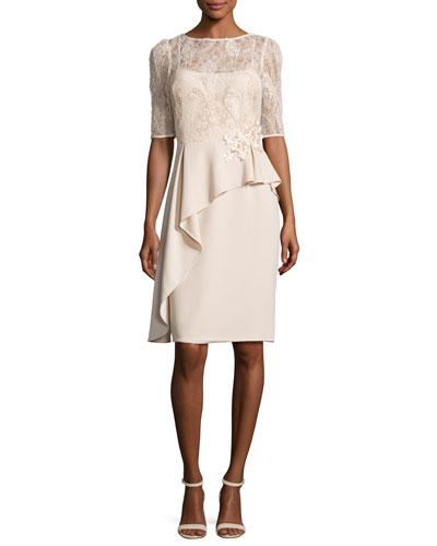 Floral Embellished 3/4-sleeve Peplum Cocktail Dress, Taupe