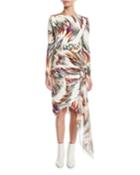 Wave-print Asymmetric Long-sleeve Dress