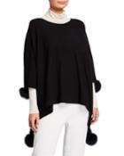 Boat-neck Poncho W/ Fur Pompoms